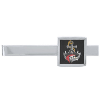 Pirate Skull Anchor Silver Finish Tie Bar