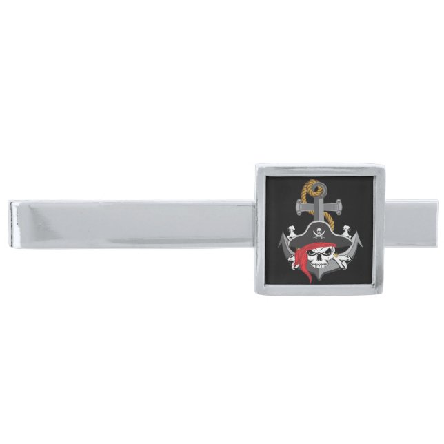 Pirate Skull Anchor Silver Finish Tie Bar (Front)