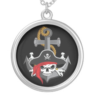 Pirate Skull Anchor Silver Plated Necklace