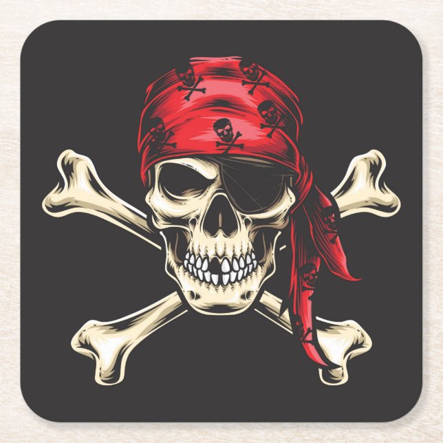 Pirate Skull and Cross Bones Square Paper Coaster (Front)