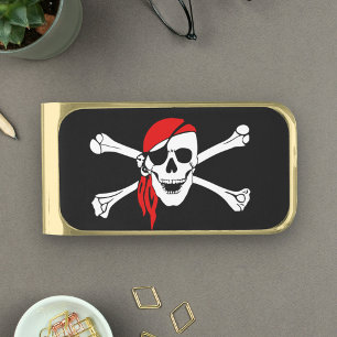 Pirate skull and crossbones gold finish money clip