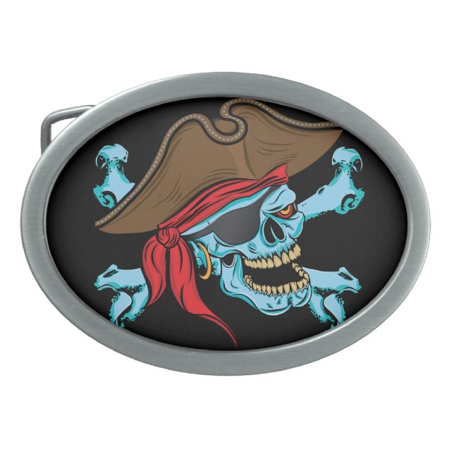 Pirate Skull and Crossbones Oval Belt Buckle (Front)