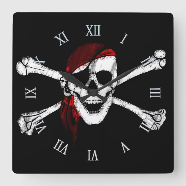 Pirate Skull and Crossbones Square Wall Clock (Front)