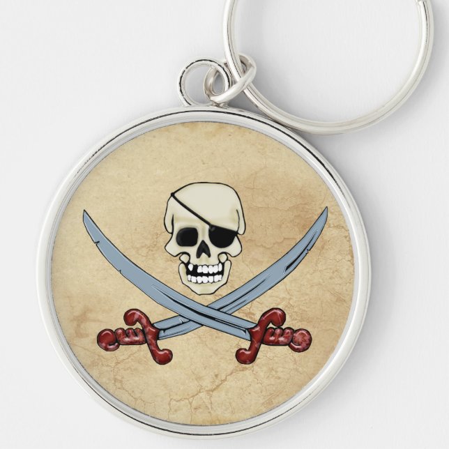 Pirate Skull and Crossed Cutlasses Creepy Art Keychain (Front)