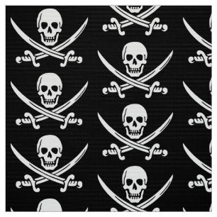Pirate Skull and Sword Black White Fabric