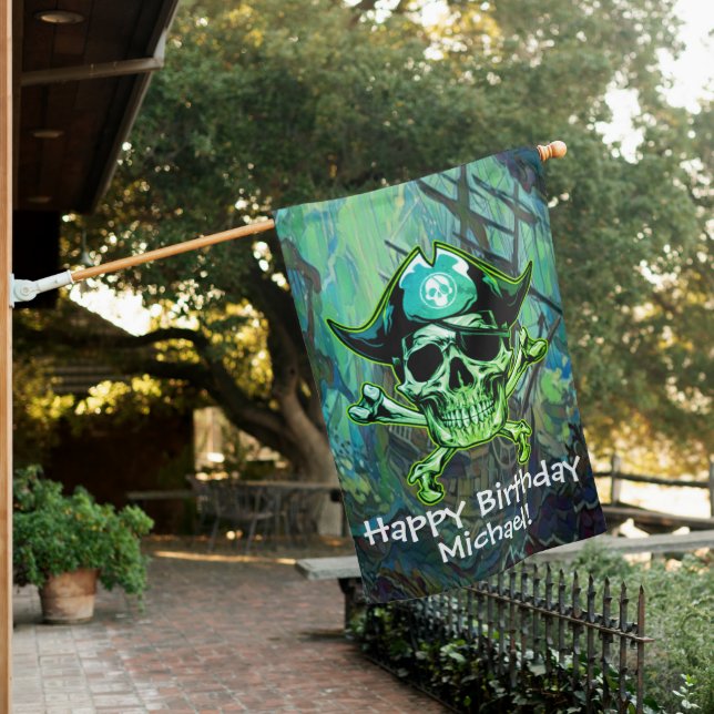 Pirate Skull Birthday Captain Cross Bones Green House Flag (In SItu)