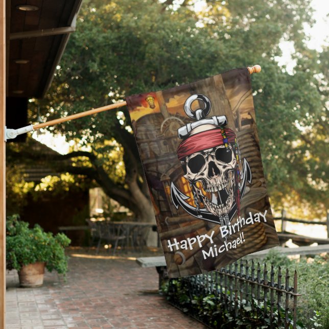 Pirate Skull Birthday Captain Ghost Ship  House Flag (In SItu)
