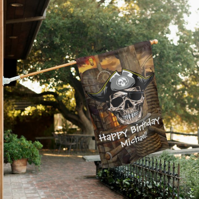 Pirate Skull Birthday Captain Jack  House Flag (In SItu)