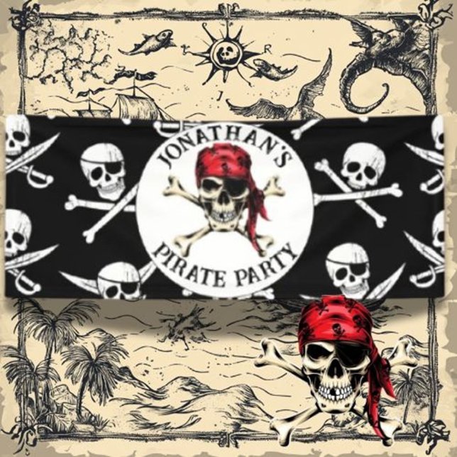 Pirate Skull Black  Banner (Make your child’s pirate party unforgettable with a vibrant, personalized pirate party banner. )