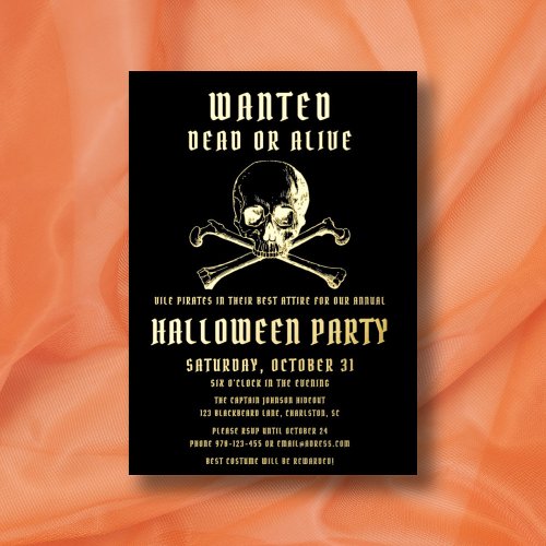 Pirate Skull  Bones Black Halloween Party Gold Foil Invitation