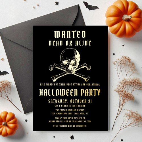 Pirate Skull  Bones Black Halloween Party Gold Foil Invitation