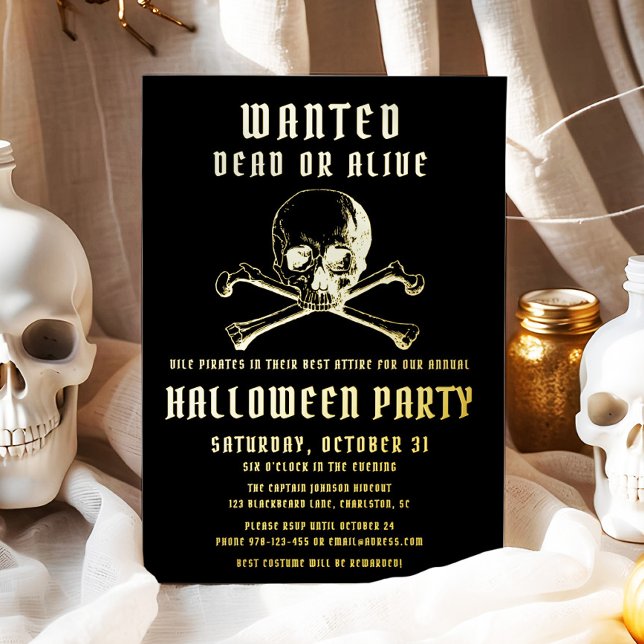 Pirate Skull & Bones Black Halloween Party Gold Foil Invitation (Pirate Skull & Bones Black Halloween Party Gold Foil)