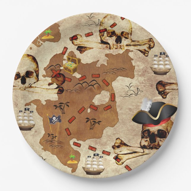 Pirate Skull & Bones Treasure Map Paper Plates (Front)