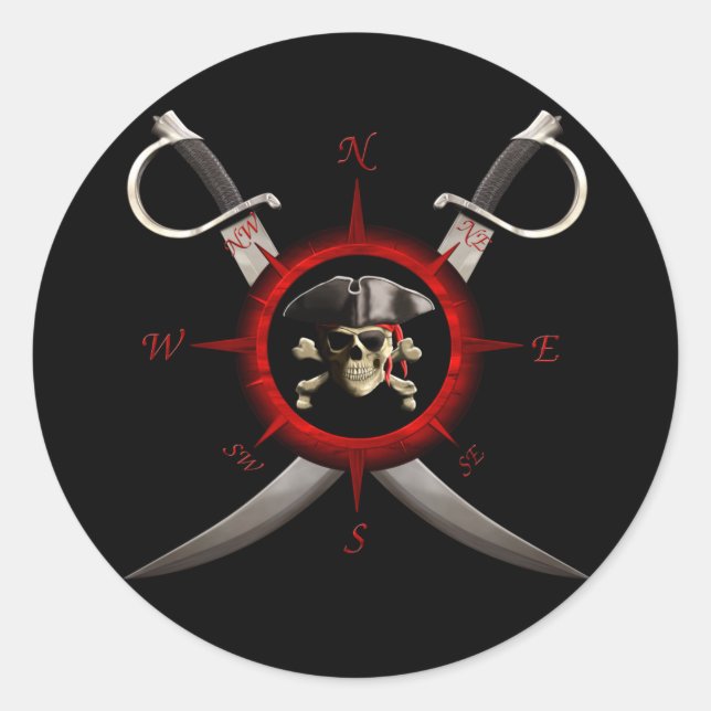 Pirate Skull Compass Rose Classic Round Sticker (Front)