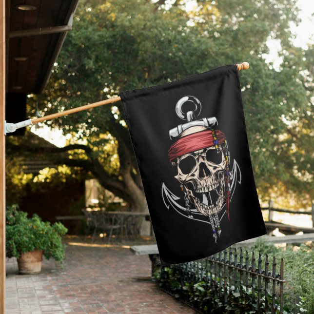 Pirate Skull Cross Bones Anchor House Flag (In SItu)