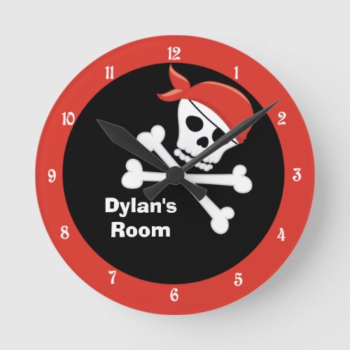 Pirate Skull Crossbones Black Red Custom Kids Room Round Clock
