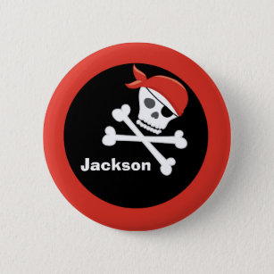 Pirate Skull Crossbones Black Red Monogram Kids Button