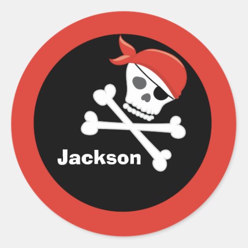 Pirate Skull Crossbones Black Red Monogram Kids Classic Round Sticker
