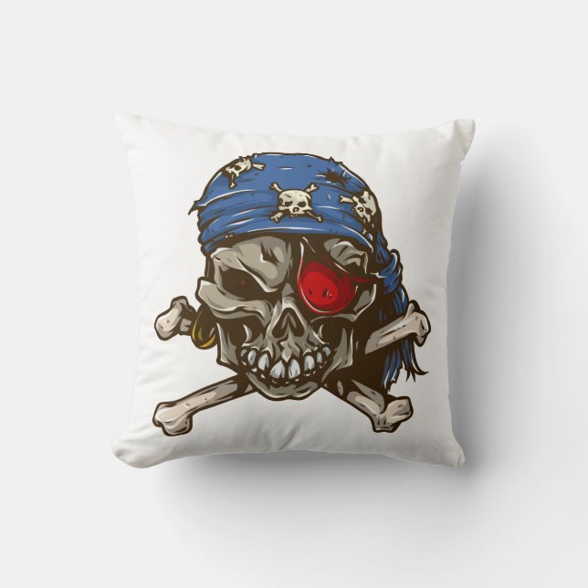 Pirate skull crossbones blue bandana eye patch throw pillow (Front)