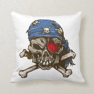 Pirate skull crossbones blue bandana eye patch throw pillow