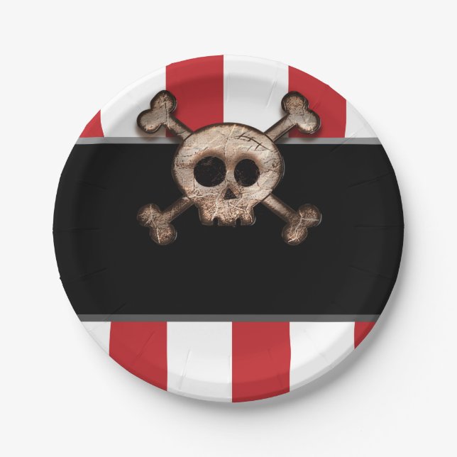 Pirate Skull & Crossbones Red White Birthday Party Paper Plates (Front)