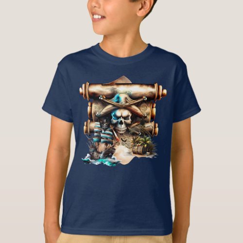 Pirate skull crossbones treasure ship kids T_Shirt