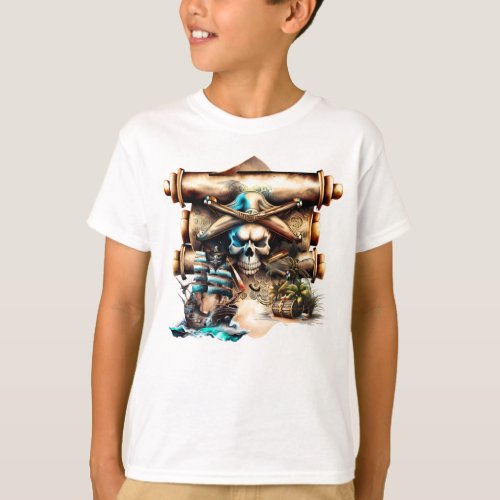 Pirate skull crossbones treasure ship kids white T_Shirt