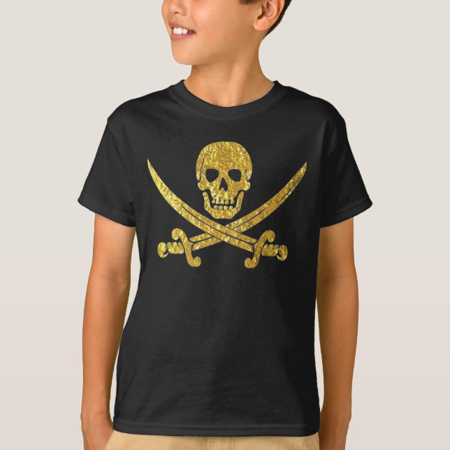 Pirate Skull Crossed Swords in Gold Foil T-Shirt (Front)