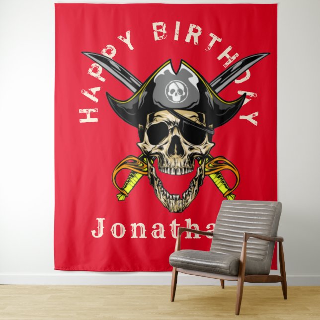 Pirate Skull Ghost Happy Birthday Backdrop (In Situ)