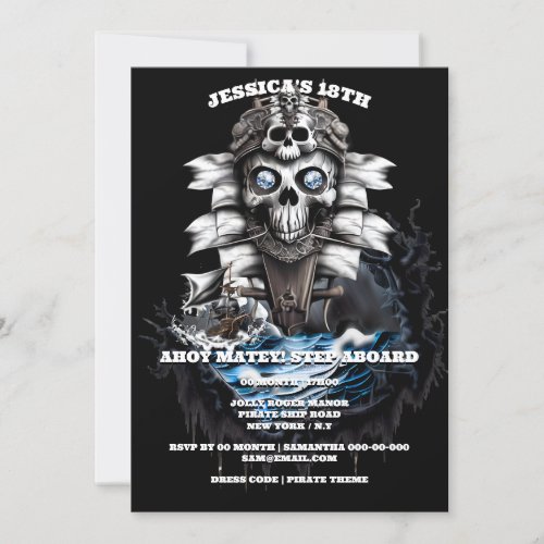 Pirate skull ghost ship ahoy matey theme invitation