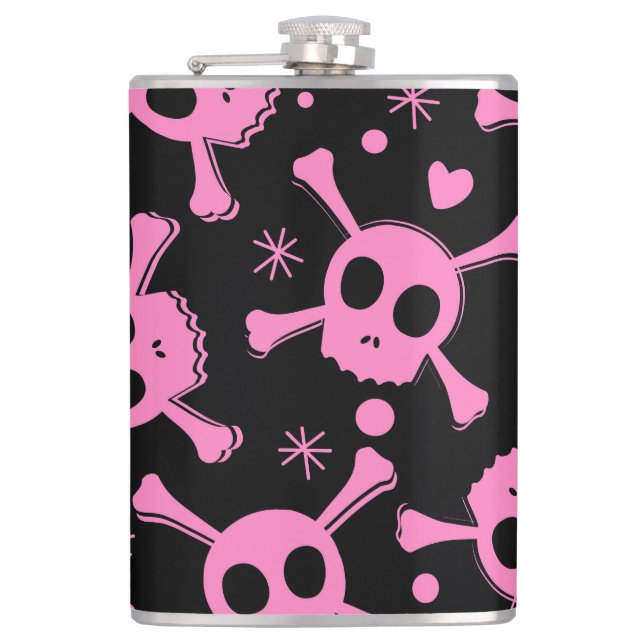 Pirate Skull: Girlish Hearts Pattern Flask (Front)