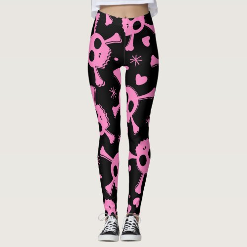 Pirate Skull Girlish Hearts Pattern Leggings