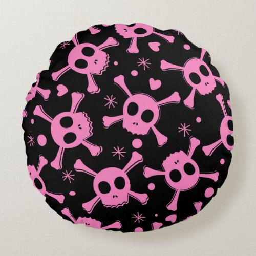 Pirate Skull Girlish Hearts Pattern Round Pillow