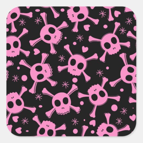 Pirate Skull Girlish Hearts Pattern Square Sticker