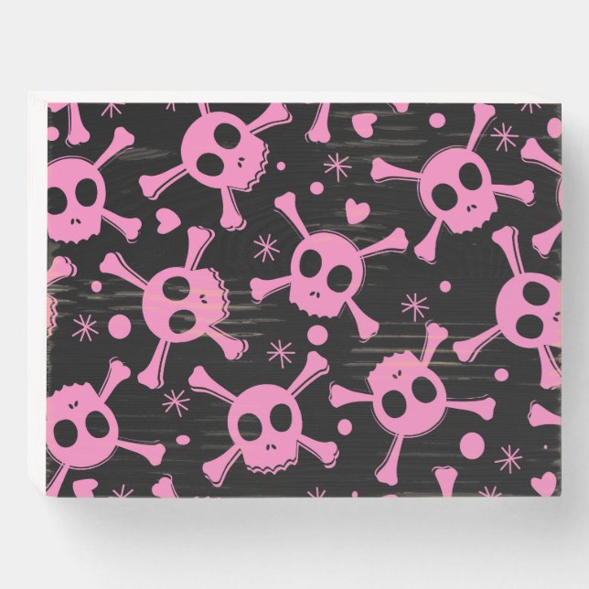 Pirate Skull: Girlish Hearts Pattern Wooden Box Sign (Front Horizontal)
