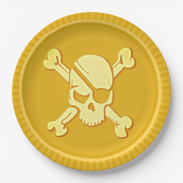 Pirate Skull Gold Coin Treasure Dubloon Paper Plates (Front)