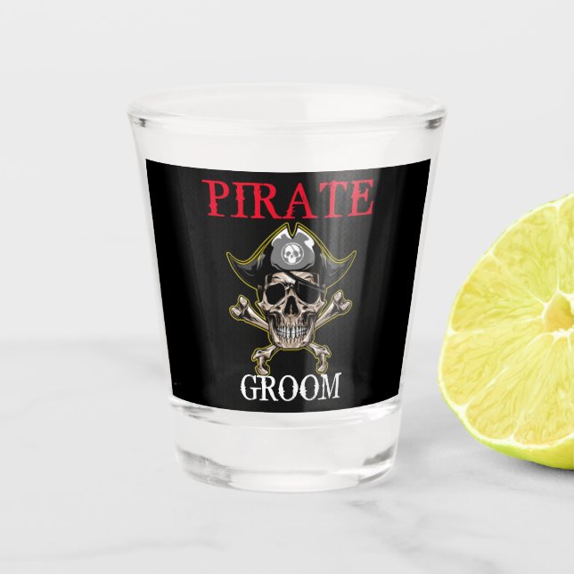 PIRATE SKULL GROOM CROSS BONES BLACK SHOT GLASS (Front)