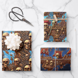 Pirate skull mutiny high seas pirates ship  wrapping paper sheets