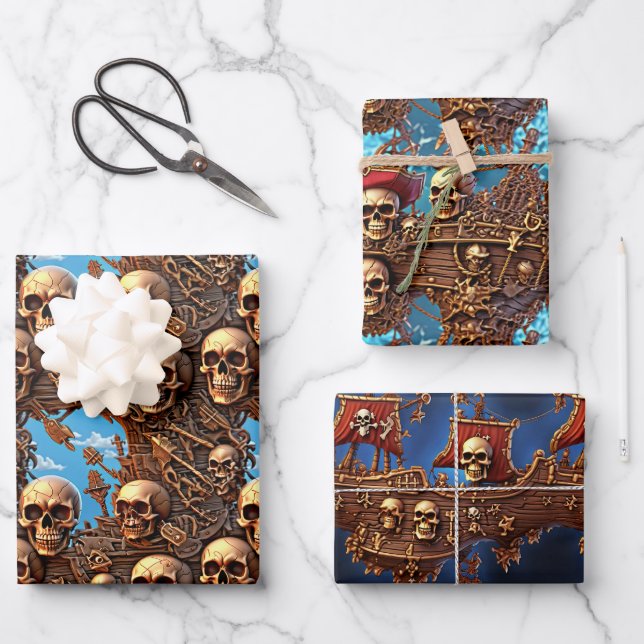 Pirate skull mutiny high seas pirates ship  wrapping paper sheets (Front)