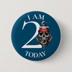 Pirate Skull Nautical Anchor BIRTHDAY NUMBER 2 Button