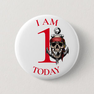 Pirate Skull Red Anchor BIRTHDAY NUMBER 1 Button