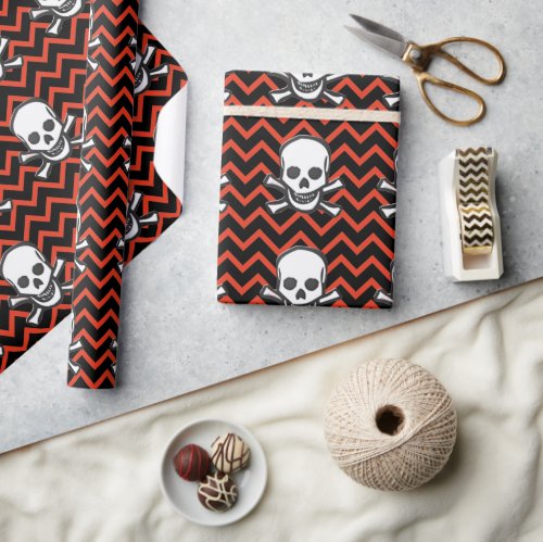 Pirate skull red black birthday party wrapping paper