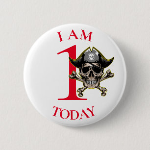Pirate Skull Red Cross Bones 1st Birthday Button