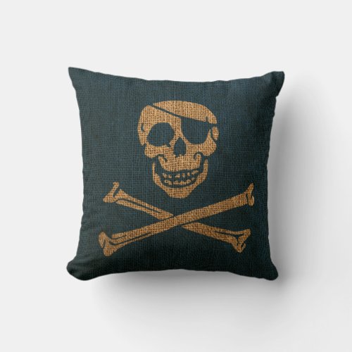 Pirate Skull Rustic Deep Sea Blue Throw Pillow