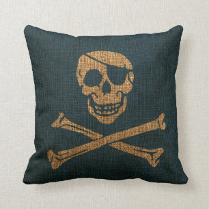 Pirate Skull Rustic Deep Sea Blue Throw Pillow