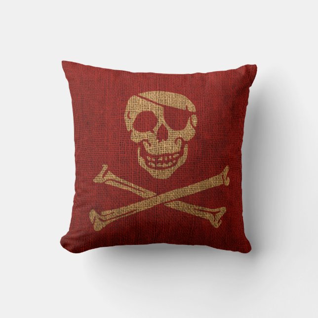 Pirate Skull Rustic Red Throw Pillow (Front)