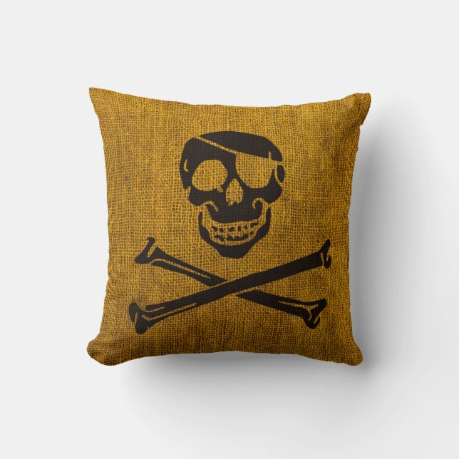 Pirate Skull Rustic Yellow Black Throw Pillow (Front)
