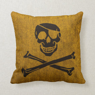 Pirate Skull Rustic Yellow Black Throw Pillow