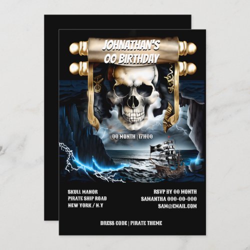 Pirate skull scroll ghost ship night storm sea invitation