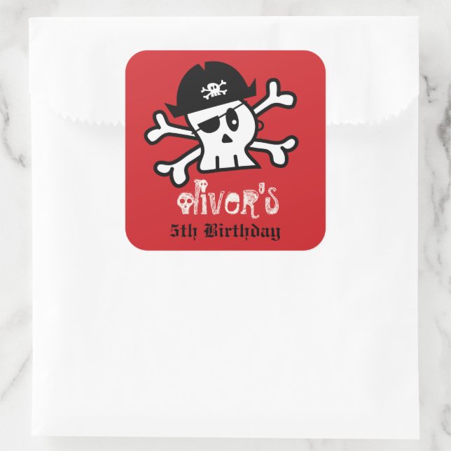 Pirate Skull & Skeleton Kid's Birthday Party Favor Square Sticker (Bag)